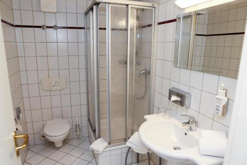 ein Bad mit einer Dusche, einem Waschbecken und einem WC in der Unterkunft Hotel Kaiserhof in Radeberg