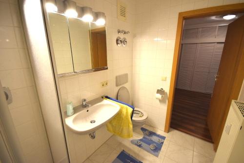 a bathroom with a sink and a toilet and a mirror at AB Apartment Objekt 72 in Vaihingen