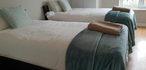 a bedroom with two beds with green and white at Galway City Centre Apartment, Augustine Street in Galway