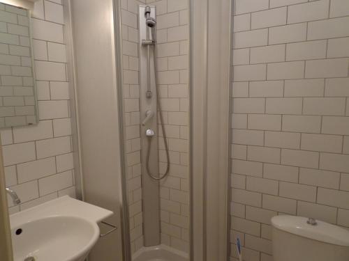 a bathroom with a shower with a sink and a toilet at Hotel le Bretagne in Louvigné-de-Bais