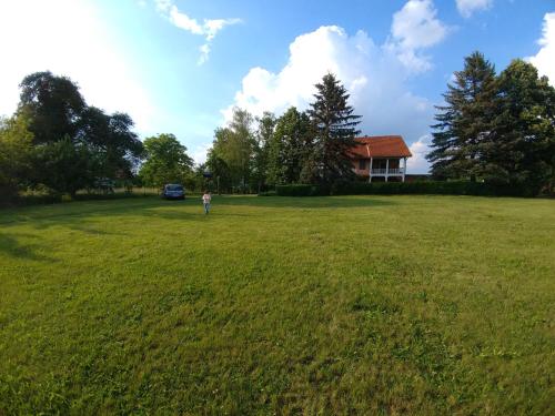 a person standing in a large field with a house at Apartments Domaćinstvo Nikolić in Valjevo