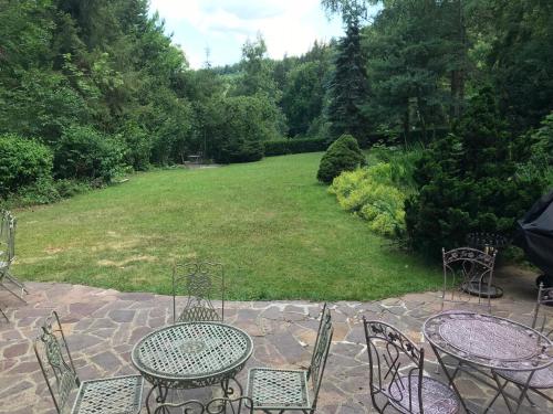 a patio with tables and chairs and a large yard at Schloss Suggenstein in Sigmaringen