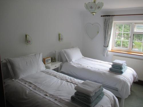 a bedroom with two beds and a window and towels at Hops Annex in Brockenhurst