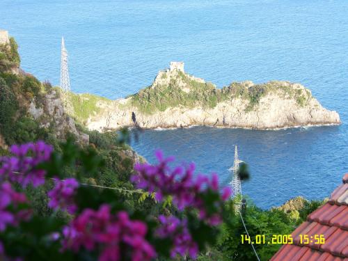 a small island in the ocean with purple flowers at Locanda Degli Agrumi in Conca dei Marini
