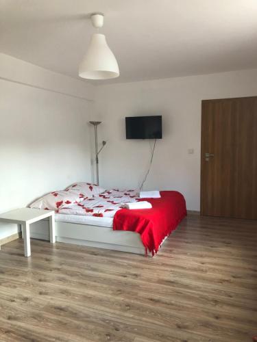 1 dormitorio con 1 cama con manta roja en Agroturystyka Omelia, en Czluchów