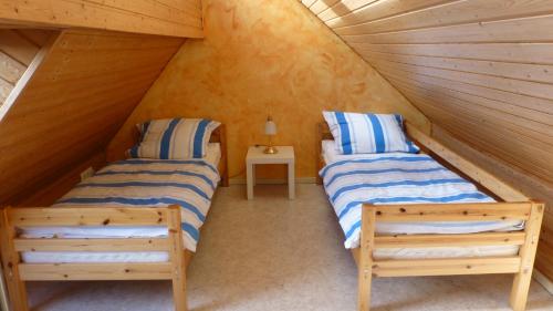 2 Betten in einem Zimmer mit Dachgeschoss in der Unterkunft Ferienwohnung Dangast in Varel