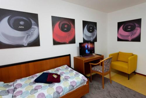 1 dormitorio con 1 cama, 1 silla y TV en Waldblick Appartement en Ober-Hambach