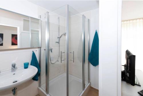y baño con ducha y lavamanos. en Waldblick Appartement en Ober-Hambach