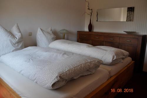 a bedroom with two beds and a dresser with a mirror at FW Sonnenschein in Wechterswinkel