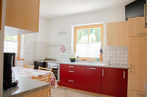 a kitchen with red cabinets and a counter top at Schupferhof in Petersberg