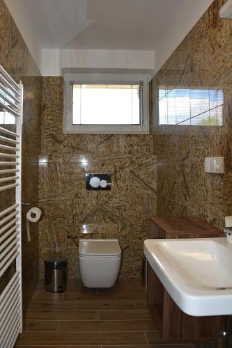 a bathroom with a sink and a toilet and a window at Na Zeleném statku in Rašovice