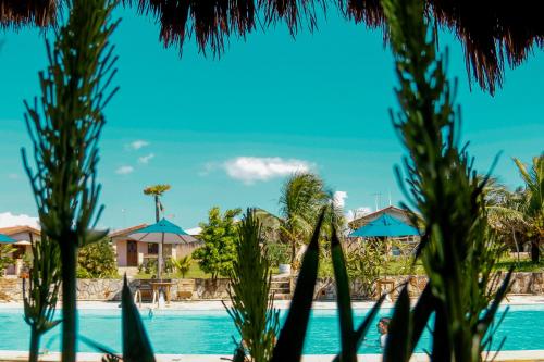 a pool with palm trees and blue umbrellas at Pousada Oceania in Taíba