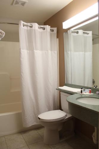 a bathroom with a white shower curtain and a toilet at York Microtel Inn & Suites by Wyndham in York
