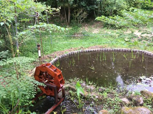 a small pond with a swing in a garden at 山荘 紗羅樹 Syaranoki in Yufuin