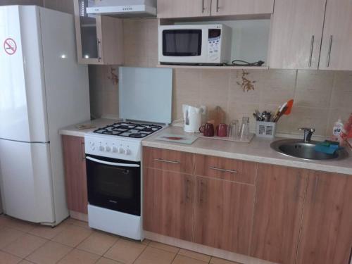 a kitchen with a white stove top oven next to a sink at Апартаменты в центре in Chernihiv
