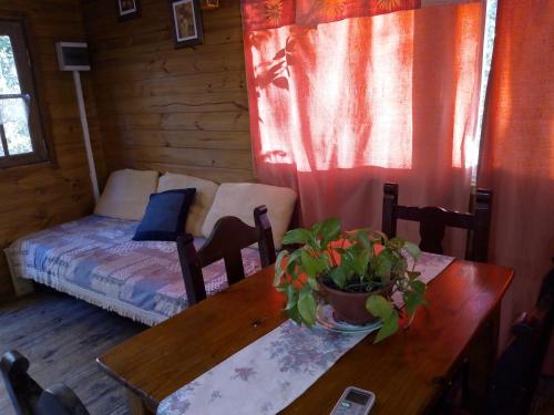 una habitación con una mesa y una cama en una cabaña en Cabaña mandala en Tigre