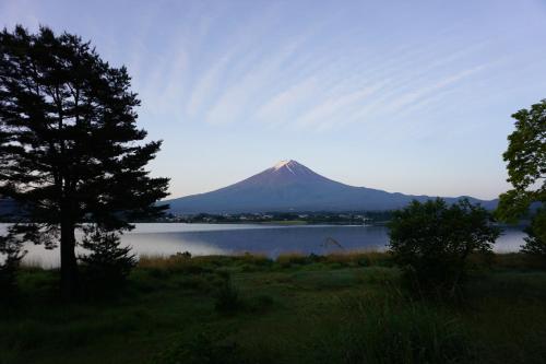 a mountain in the distance with a lake and a tree at 晴家(HALELUYA) Guest House in Fujikawaguchiko