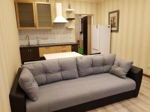 a living room with a couch in a kitchen at Loft na jubilee 66 in Reutov