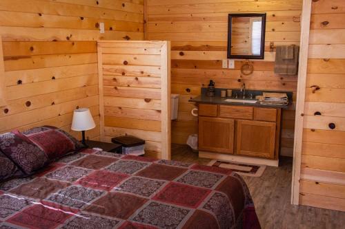 een slaapkamer met een bed en een wastafel bij Zion’s Cozy Cabin's in Hildale