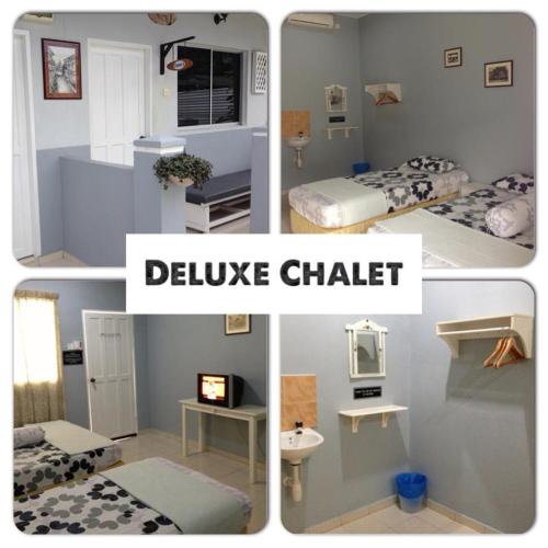 a collage of four pictures of a bedroom at Nipah Guesthouse Pangkor in Pangkor