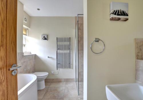 a bathroom with a shower and a toilet and a sink at Bwthyn Carreg in Aberdaron