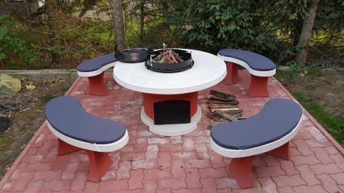 a picnic table with two blue chairs and a fire place at Főczény Pince és Vendégház in Verpelét