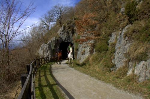 a group of people riding horses through a tunnel at Hostal Rural Elosta in Lekunberri
