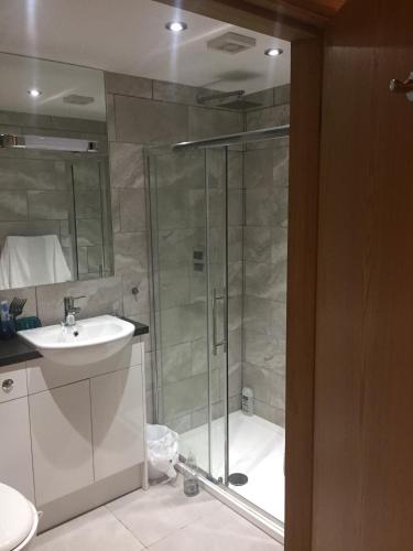 a bathroom with a shower and a sink at Linnaea Rooms - Corston Nr Malmesbury in Malmesbury