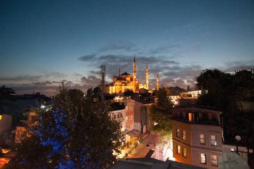 una vista de la ciudad por la noche con una mezquita en Akbiyik Suite Boutique Hotel, en Estambul