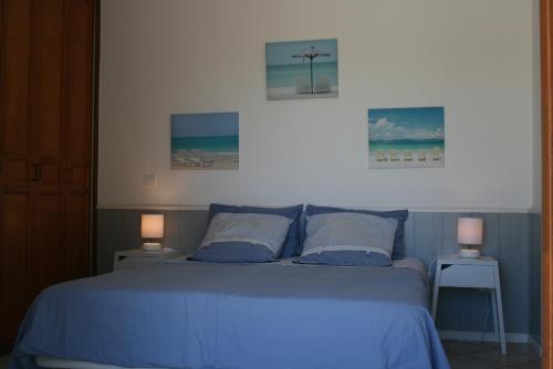 1 dormitorio con 1 cama con sábanas azules y 2 lámparas en Mas des Petits Loups, en Cabrières