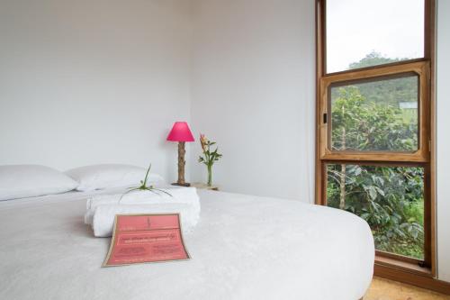 a bedroom with a white bed with a window at Coffee & Adventure Hotel by La Palma y El Tucan in Zipacón