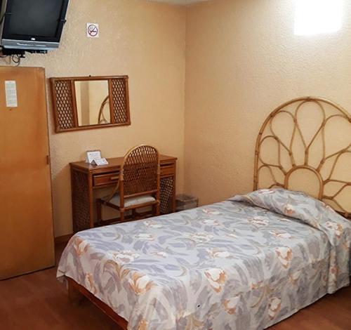 a bedroom with a bed and a desk and a mirror at Hotel Canad&aacute; in Toluca