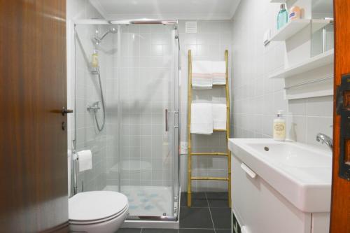 a bathroom with a shower and a toilet and a sink at Sesimbra 99 - T2 Apartment in Sesimbra