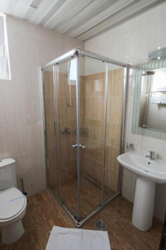 a bathroom with a shower and a toilet and a sink at Hotel Aleksandrija in Ohrid