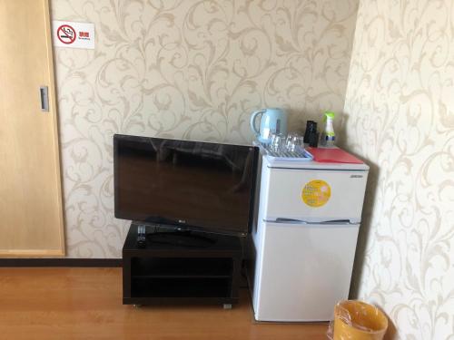 a small refrigerator and a television in a room at 長楽園 in Shirahama