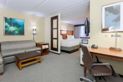 格雷普韋恩的住宿－達拉斯/葡萄藤廣場凱悅酒店，配有一张床和一张书桌的酒店客房