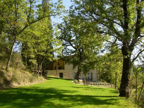 a house in the middle of a field with trees at Agriturismo Santa Rosa in Subbiano