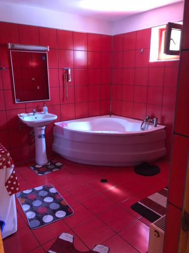a red bathroom with a tub and a sink at Vila Khalo in Mangalia