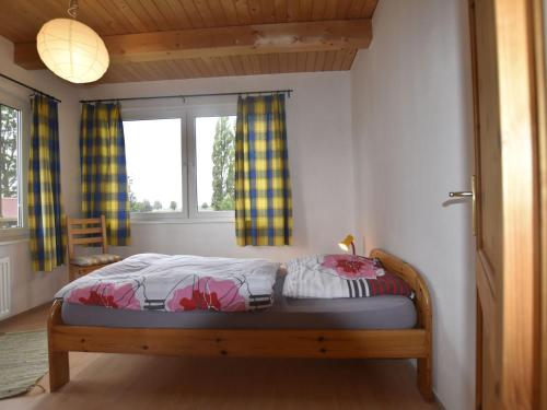 a bedroom with a bed in a room with two windows at Luxurious Apartment in Boddin with Garden in Boddin