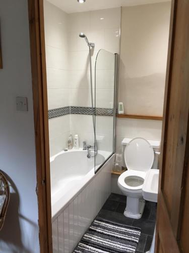 a bathroom with a tub and a toilet and a sink at Lower Ford Farm in Cullompton