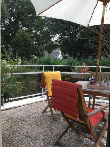 two chairs and an umbrella on a patio at Chambres La Guignardais in Lamballe