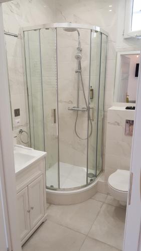 uma casa de banho com um chuveiro, um lavatório e um WC. em 123 Sadi Carnot, classé 2 étoiles em Saint-Raphaël
