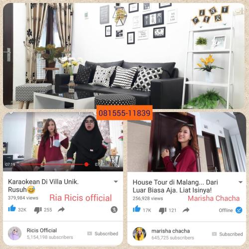 a collage of photos of a woman in a living room at Villa Fifari - 5 Kamar Tidur, 3 Kamar Mandi in Batu