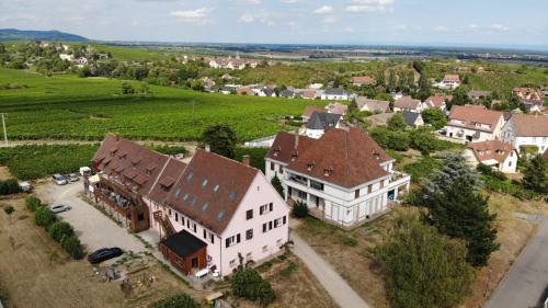 an aerial view of a large white house with brown roofs at gîtes au domaine Greiner in Mittelwihr