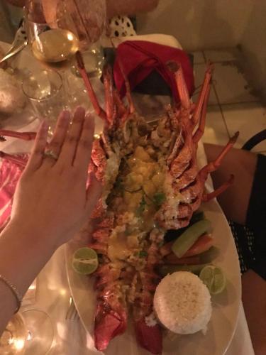 a plate of food with a large lobster on a table at Tanna Evergreen Resort & Tours in Tanna Island