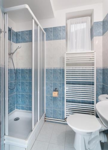 a bathroom with a shower and a toilet and a sink at Pension Katty in Špindlerův Mlýn
