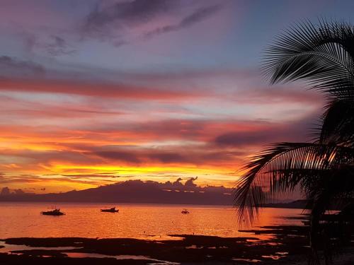 a sunset on the beach with boats in the water at Chekesh Casa in Siquijor