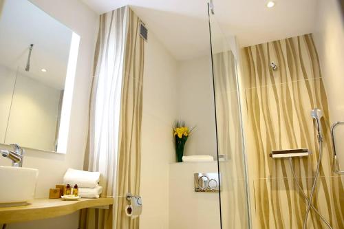 a bathroom with a shower and a sink at Hôtel Restaurant Splendid Camargue in Le Grau-du-Roi