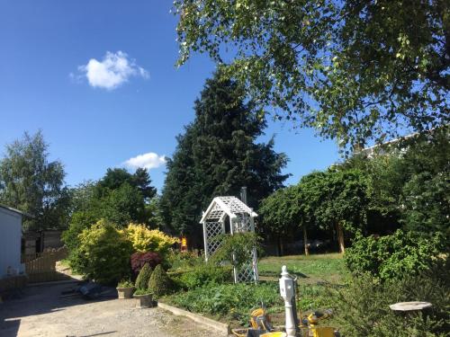 a garden with a pine tree and a white gazebo at Schoolhouse in Ballater