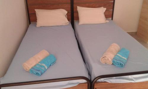 two twin beds with towels and pillows on them at Samakovlis Apartments in Néa Michanióna